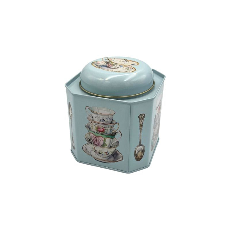 Elite Tins One Sugar Please Tea Caddy - aqua blue caddy decorated in vintage teacups and teaspoons.