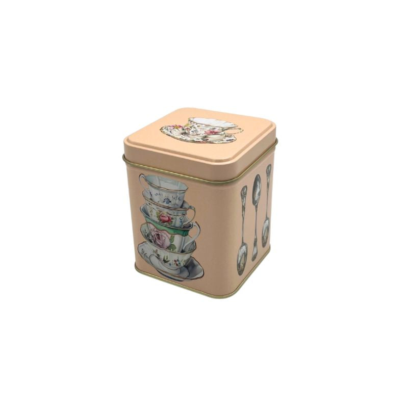 Elite Tins One Sugar Please Peach Tea Tin with vintage style teacup and teaspoon print - holds 100g of loose leaf tea.