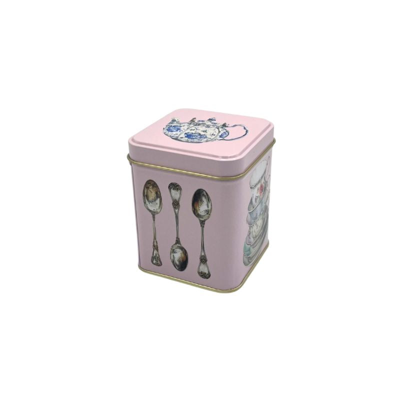 Elite Tins One Sugar Please Pink Tea Tin with vintage teacups, teapot and teaspoon print - holds 100g of loose leaf tea.
