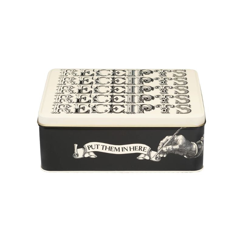 Elite Tins Typography Receipts Tin - black sides with cream lid and black typography.