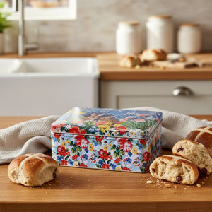 Elite Tins Vintage Easter Deep Rectangle Tin shown with hot cross buns in a farmhouse kitchen.