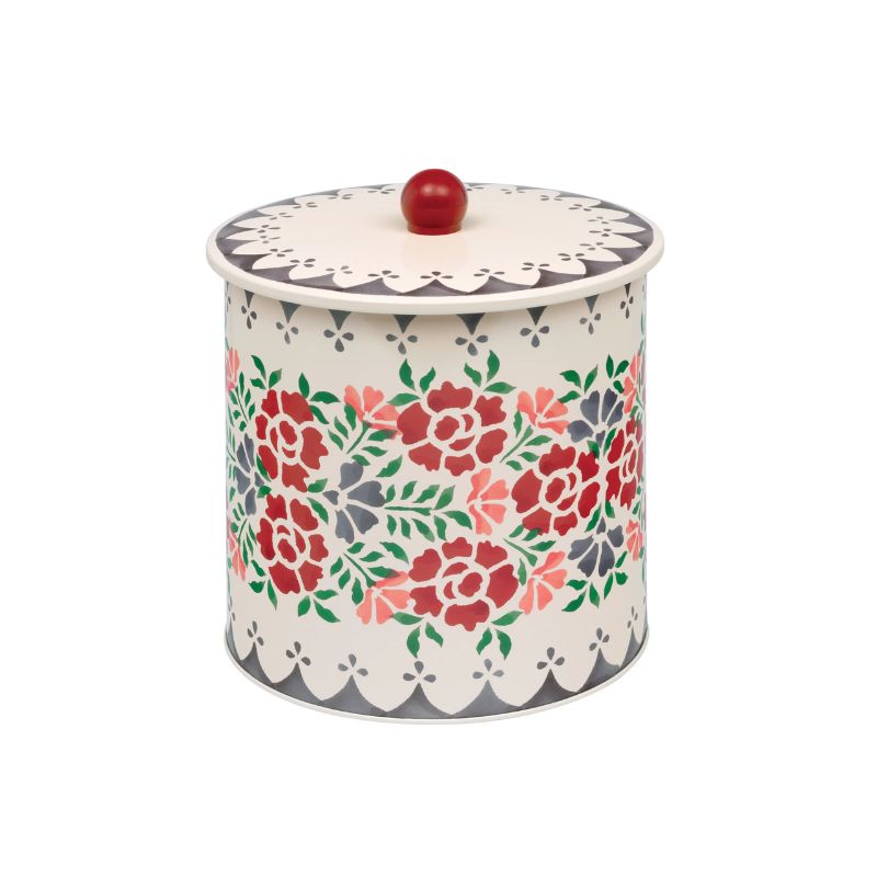 Emma Bridgewater Antique Roses Biscuit Barrel with red knob lid and floral design.