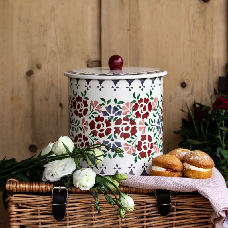 Emma Bridgewater Antique Roses Biscuit Barrel with red knob lid and floral design.