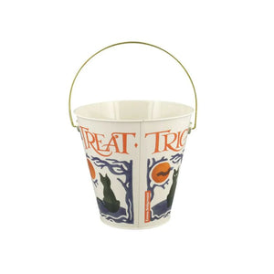 Emma Bridgewater Black Cat Halloween Candy Bucket shown front on against a white background.