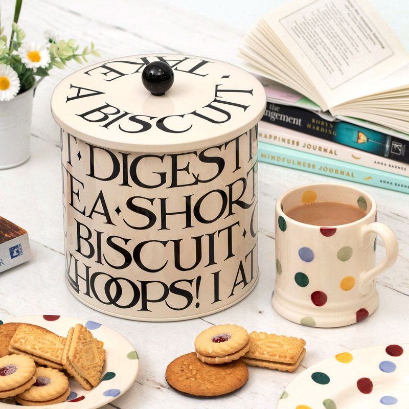 Emma Bridgewater Black Toast Biscuit Barrel - a cream tin with black writing