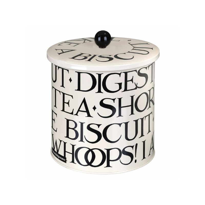Emma Bridgewater Black Toast Biscuit Barrel - a cream tin with black writing