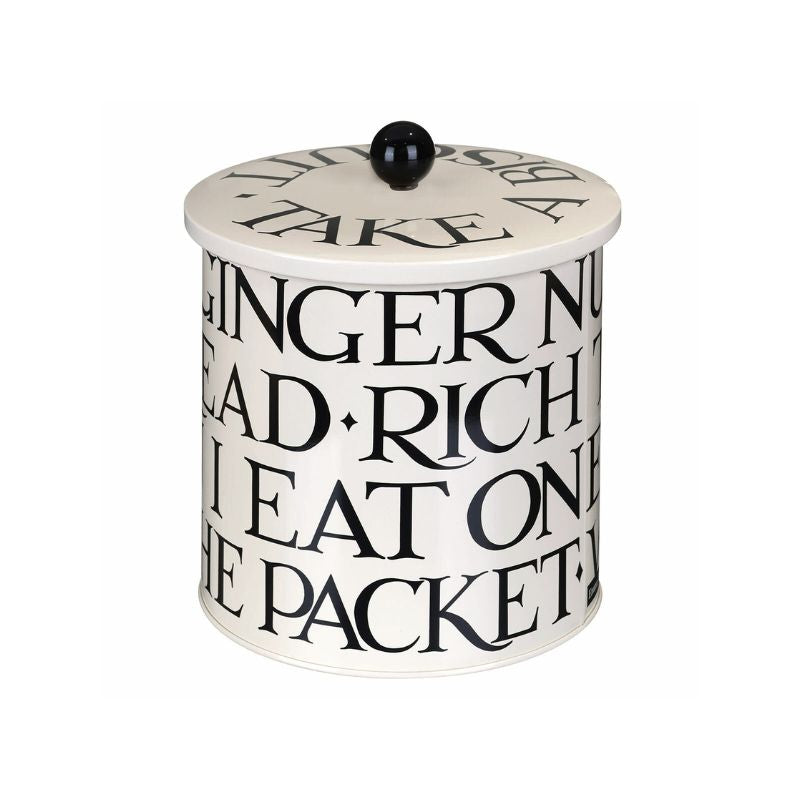 A further view of the Emma Bridgewater Black Toast Biscuit Barrel showing more of the words on the tin