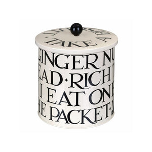 A further view of the Emma Bridgewater Black Toast Biscuit Barrel showing more of the words on the tin