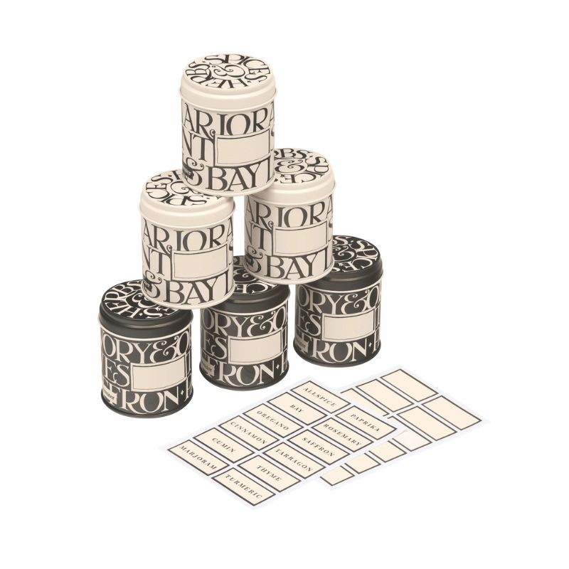 Emma Bridgewater Black Toast Herb & Spice Tins (Set of 6) with printed and blank labels - NZ