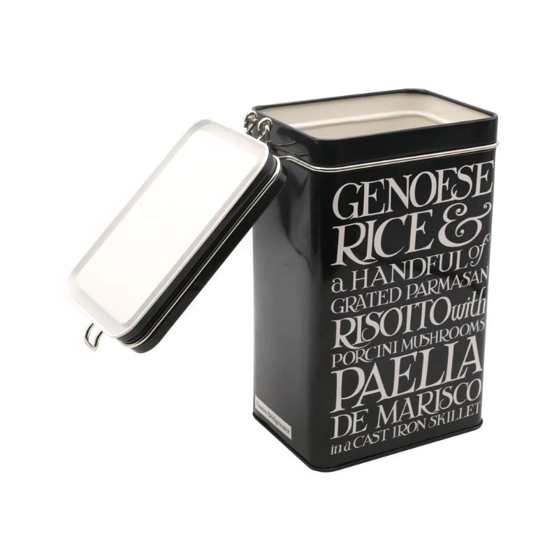 View of the Emma Bridgewater Black Toast Medium Tin with the clip lid open