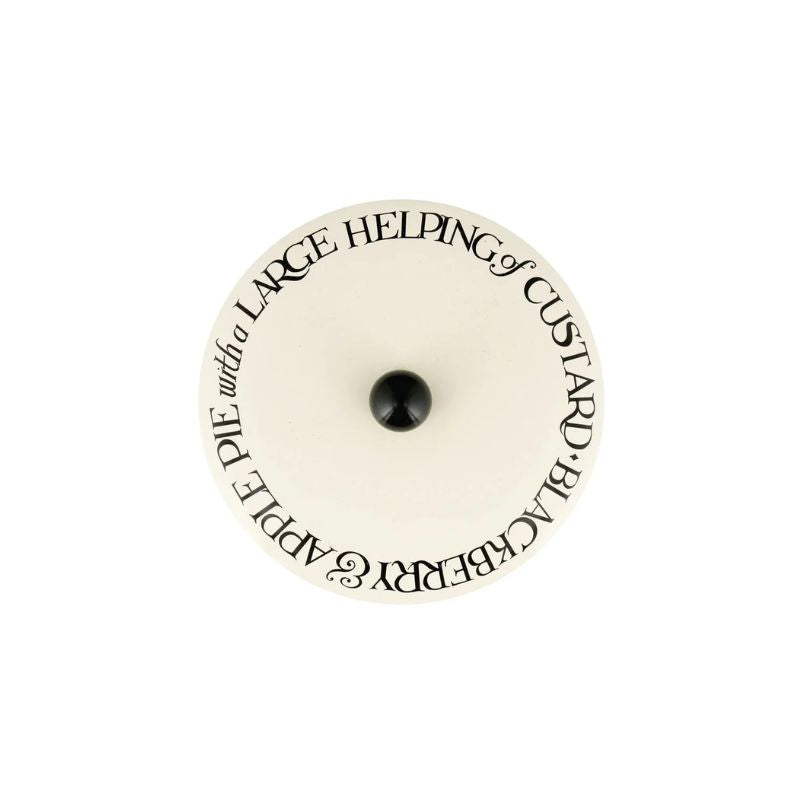 Top view of the Emma Bridgewater Blackberries Biscuit Barrel showing Black Toast letting on the lid.