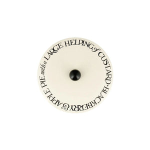 Top view of the Emma Bridgewater Blackberries Biscuit Barrel showing Black Toast letting on the lid.
