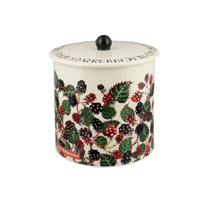 Emma Bridgewater Blackberries Biscuit Barrel with snug-fitting lid, decorated with blackberry and leaf design.