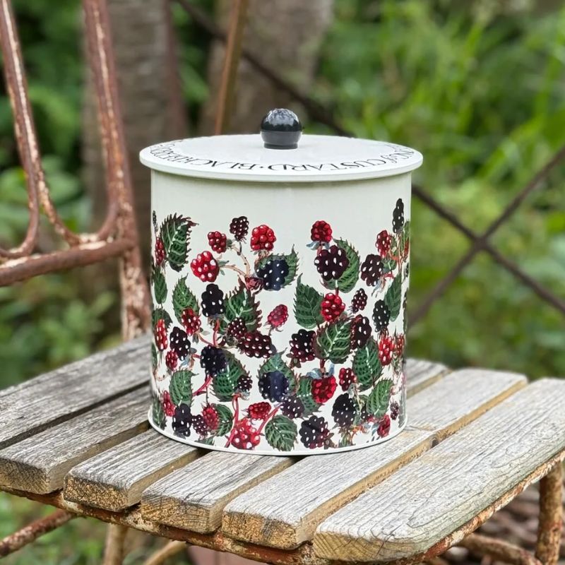 Emma Bridgewater Blackberries Biscuit Barrel with snug-fitting lid, decorated with blackberry and leaf design.
