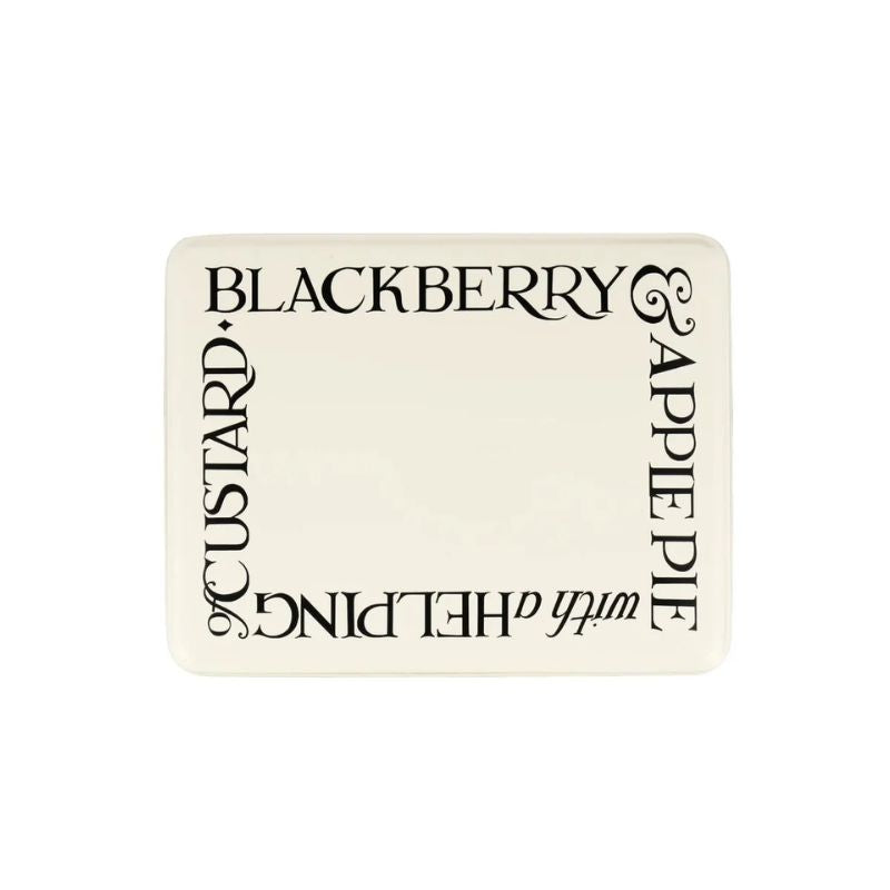 Top view of the Emma Bridgewater Blackberries Biscuit Tin - "Blackberry & Apple Pie with a Helping of Custard" written on the lid.