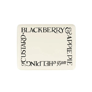 Top view of the Emma Bridgewater Blackberries Biscuit Tin - "Blackberry & Apple Pie with a Helping of Custard" written on the lid.