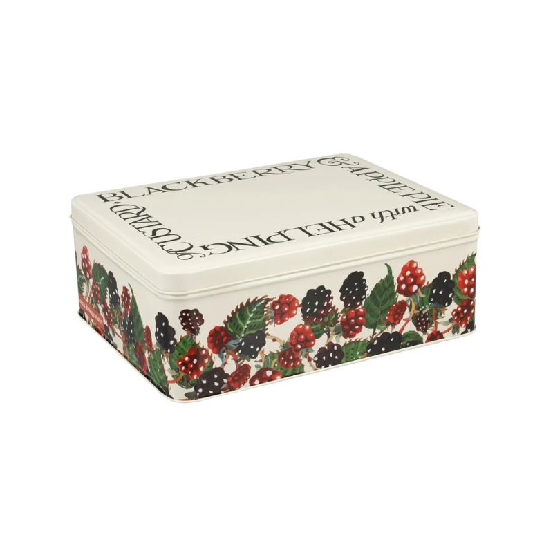 Emma Bridgewater Blackberries Biscuit Tin with blackberries print around the sides and Black Toast writing on the top with the words "Blackberry & Apple Pie with a Helping of Custard".