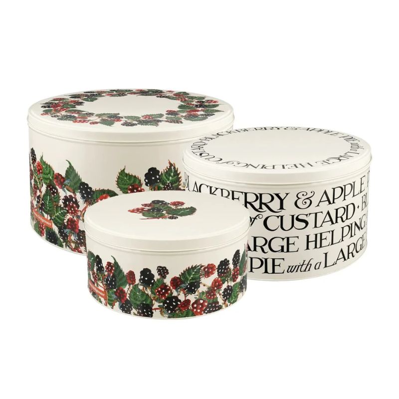 Emma Bridgewater Blackberries Cake Tins set of 3 in nesting sizes with blackberry and leaf design.