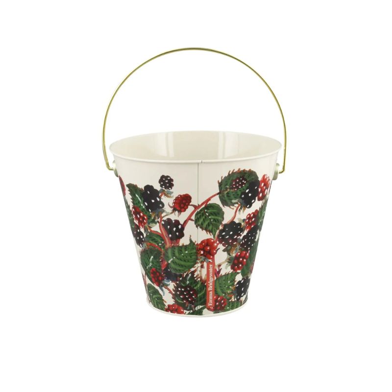 Side view of Emma Bridgewater Blackberries Foraging Bucket on white background.