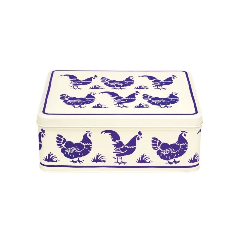 Emma Bridgewater Blue Hens Biscuit Tin shown against a creamy white background.