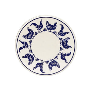 Emma Bridgewater Blue Hens large cake lid tin with roosters shown against a white background.