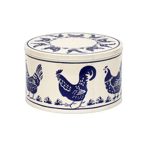 Emma Bridgewater Blue Hens large cake tin with roosters shown against a white background.