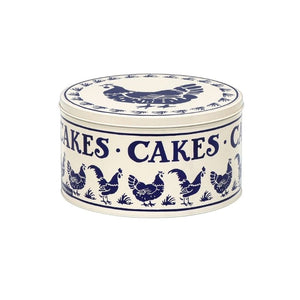 Emma Bridgewater Blue Hens medium cake tin with roosters and hens shown against a white background.