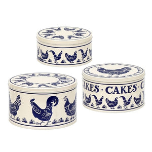 Emma Bridgewater Blue Hens Cake Tins set of 3 shown on a white background.