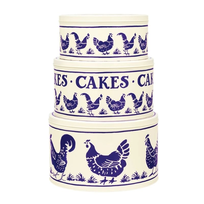 Emma Bridgewater Blue Hens Cake Tins set of 3 shown stacked on a white background.