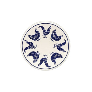 Emma Bridgewater Blue Hens small cake tin with roosters and hens lid shown against a white background.