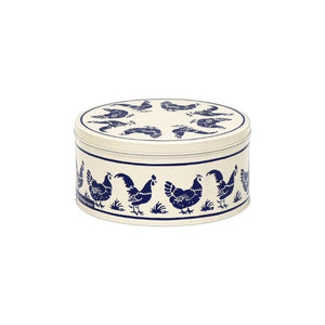 Emma Bridgewater Blue Hens small cake tin with roosters and hens shown against a white background.