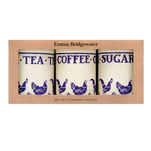 Emma Bridgewater Blue Hens Tin Caddies set of 3 in retail packaging shown against a white background.