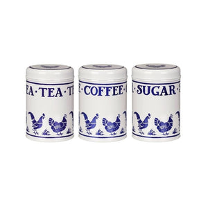 Emma Bridgewater Blue Hens Tin Caddies set of 3 shown against a white background.
