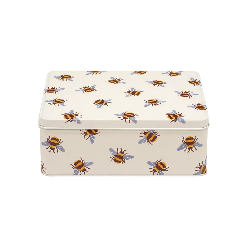 Emma Bridgewater Blue Winged Bumblebee Biscuit Tin - creamy white tin with bumblebee print.