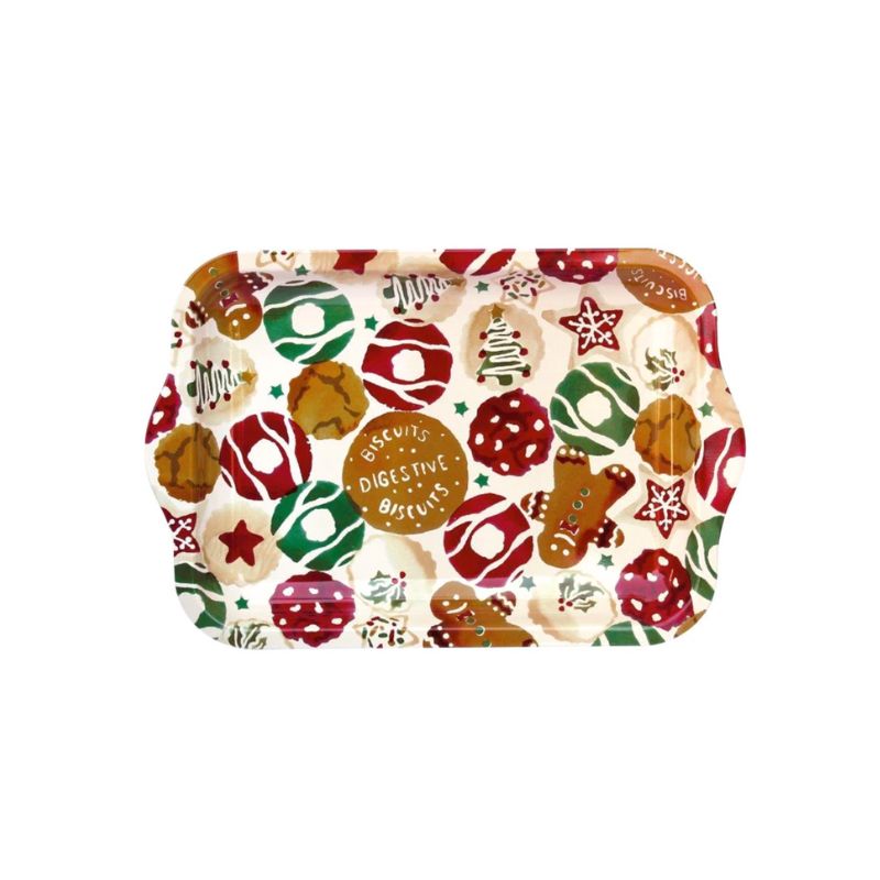 Emma Bridgewater Christmas Biscuits Small Tin Tray featuring gingerbread men and a variety of Christmas biscuits.