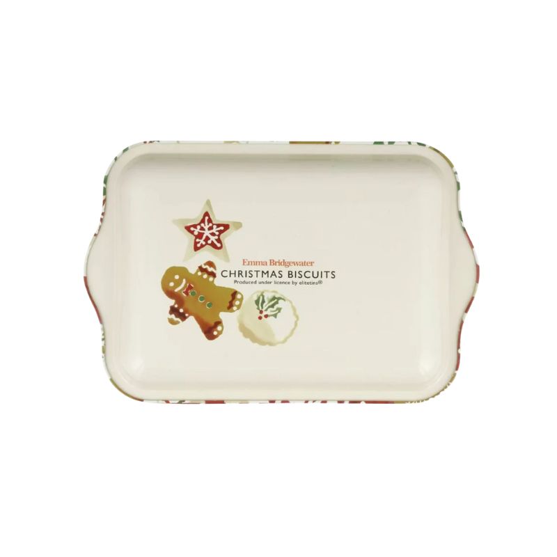 Emma Bridgewater Christmas Biscuits Small Tin Tray featuring gingerbread men and a variety of Christmas biscuits.