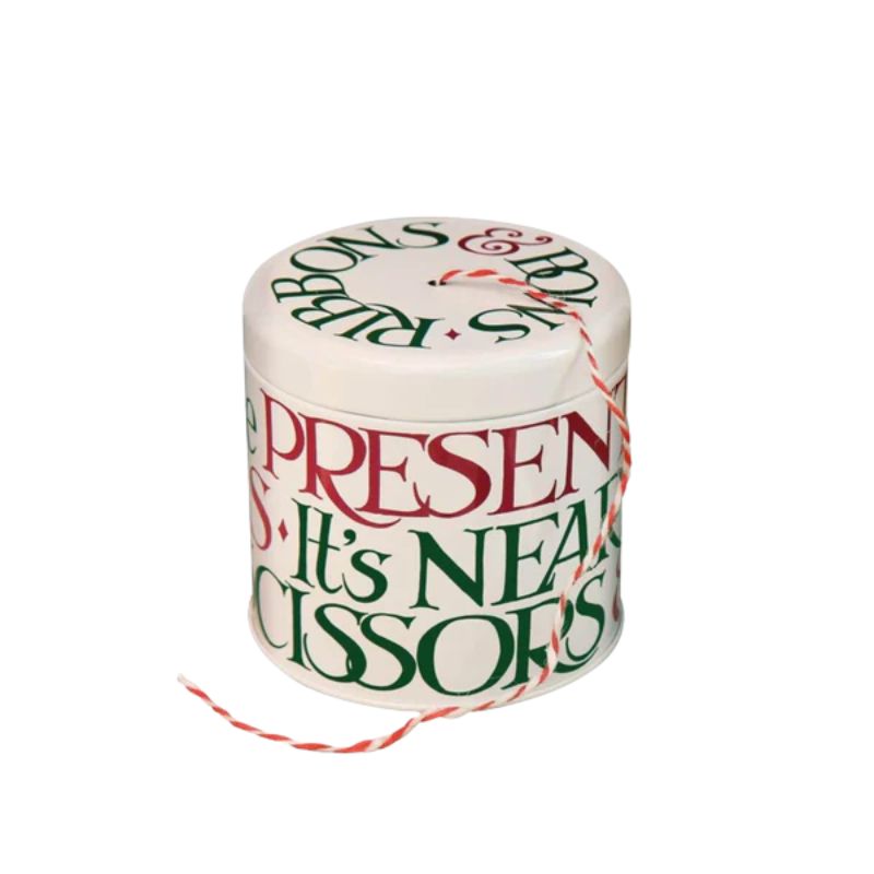 Emma Bridgewater Christmas Toast String Tin shown with red and white string.