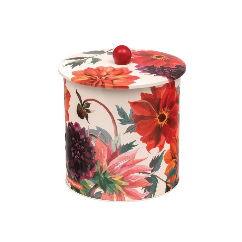 The Emma Bridgewater Dahlia Biscuit Barrel featuring an assortment of dahlias in bright colours on a white background