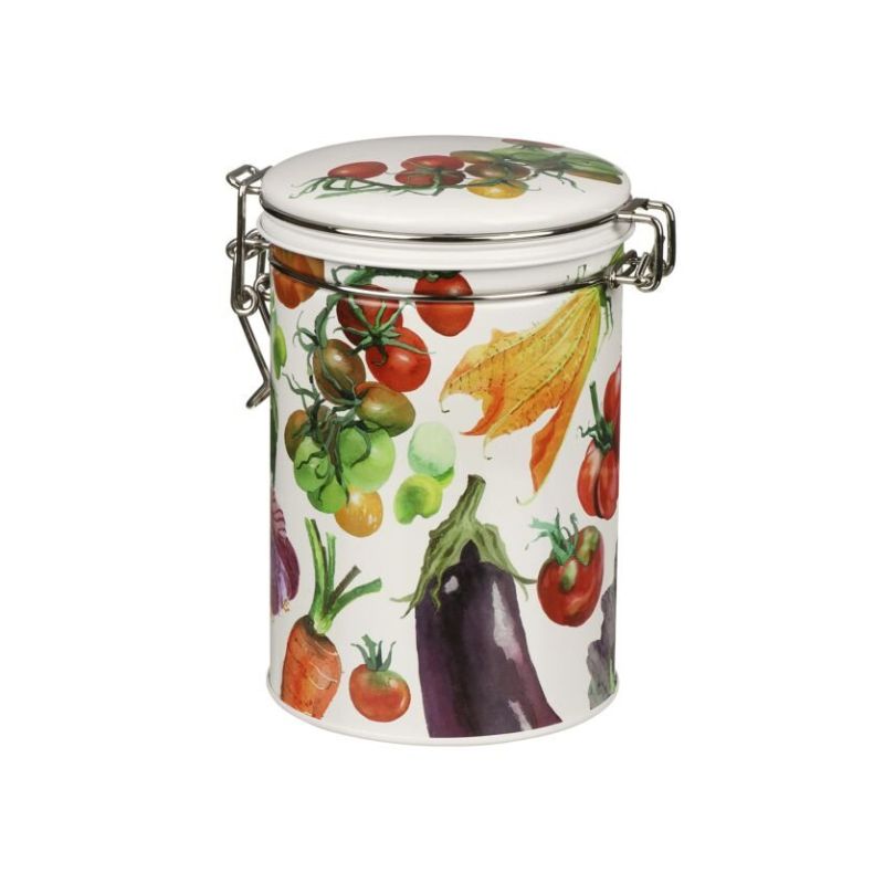 Emma Bridgewater Dig The Garden Clip Lid Caddy - vegetable design on a cream cylindrical tin.