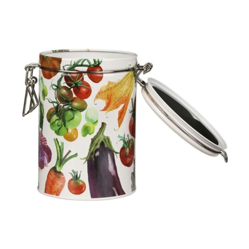 Emma Bridgewater Dig The Garden Clip Lid Caddy shown with lid open.