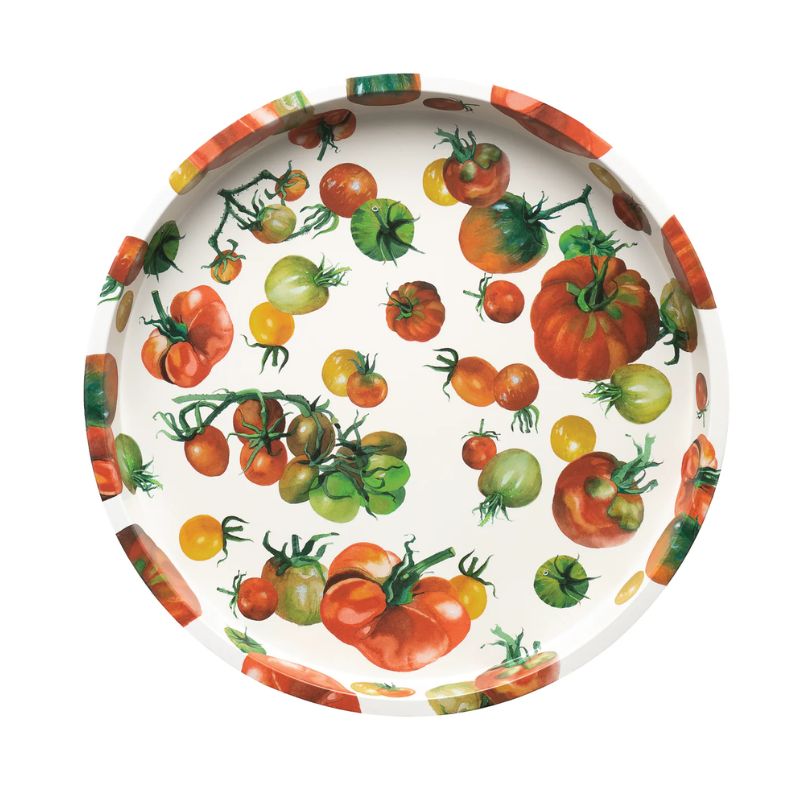 Emma Bridgewater Dig The Garden round tin tray featuring illustrated tomatoes and vines on a white background.