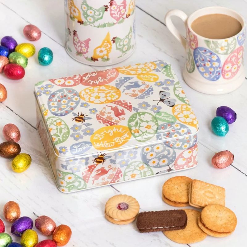 Emma Bridgewater Easter Egg Hunt biscuit tin with colourful spring and Easter illustrations.