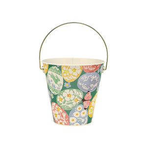 Emma Bridgewater Easter Egg Hunt metal bucket with handle, decorated with colourful patterned eggs, flowers, and a butterfly.