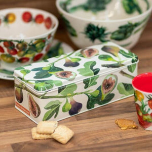 Emma Bridgewater Fig Rectangular Tin on a wooden bench - fig design tin with lid, styled with biscuits.
