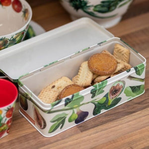 Emma Bridgewater Fig Storage Tin open with biscuits inside - long rectangular tin with hinged lid used for snack storage.