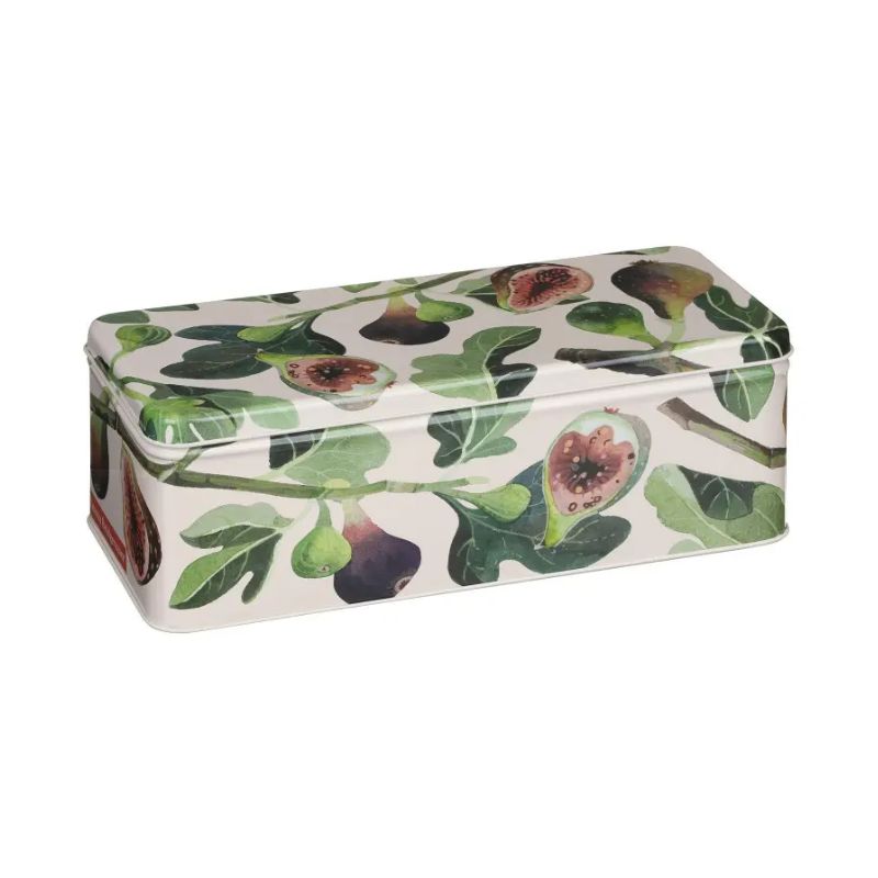Emma Bridgewater Fig Rectangular Storage Tin - long tin with hinged lid featuring a fig design in green and purple tones.