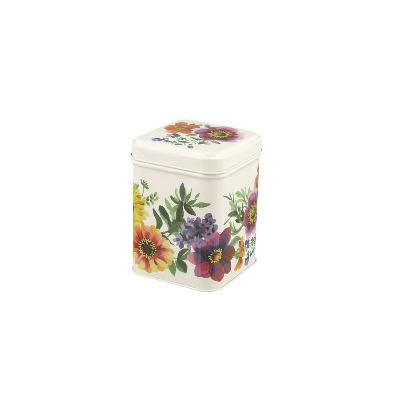 Emma Bridgewater Garden Flowers Tea Tin - 100g square tin with flower illustrations, perfect for storing loose leaf tea or tea bags.