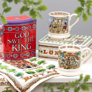 The Emma Bridgewater God Save The King Tea Caddy, London Biscuit Tin, mugs and tea towel