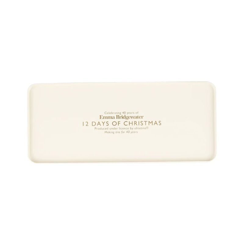 Base view of the Emma Bridgewater Gold Toast Rectangular Storage Tin – part of the 12 Days of Christmas range.