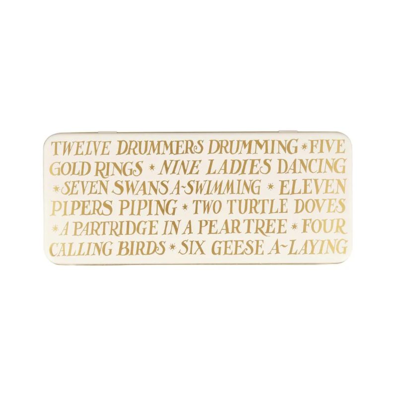 Emma Bridgewater Gold Toast Rectangular Storage Tin featuring metallic gold writing on a cream tin.